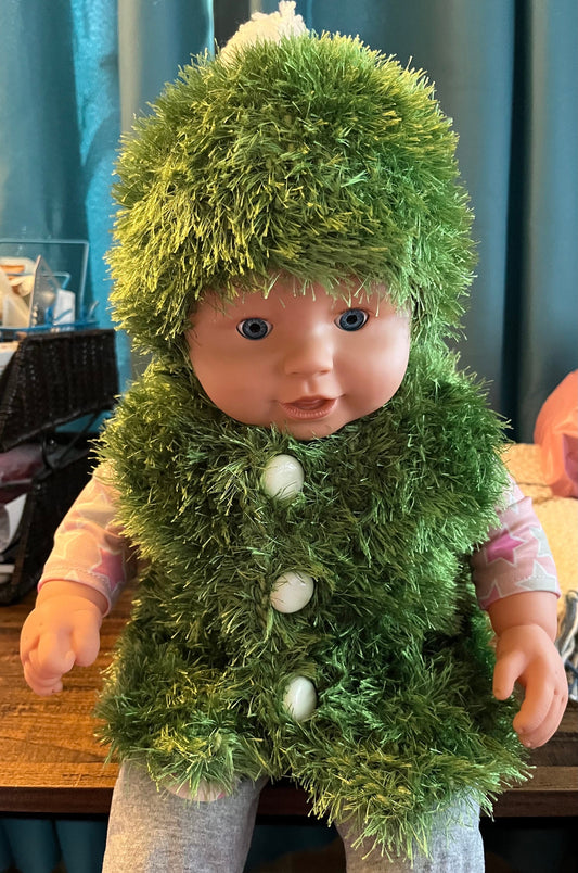 Hand Knit Faux Fur Vest & Hat Set - Baby Outerwear with Pom Pom - Size 6-9 Months