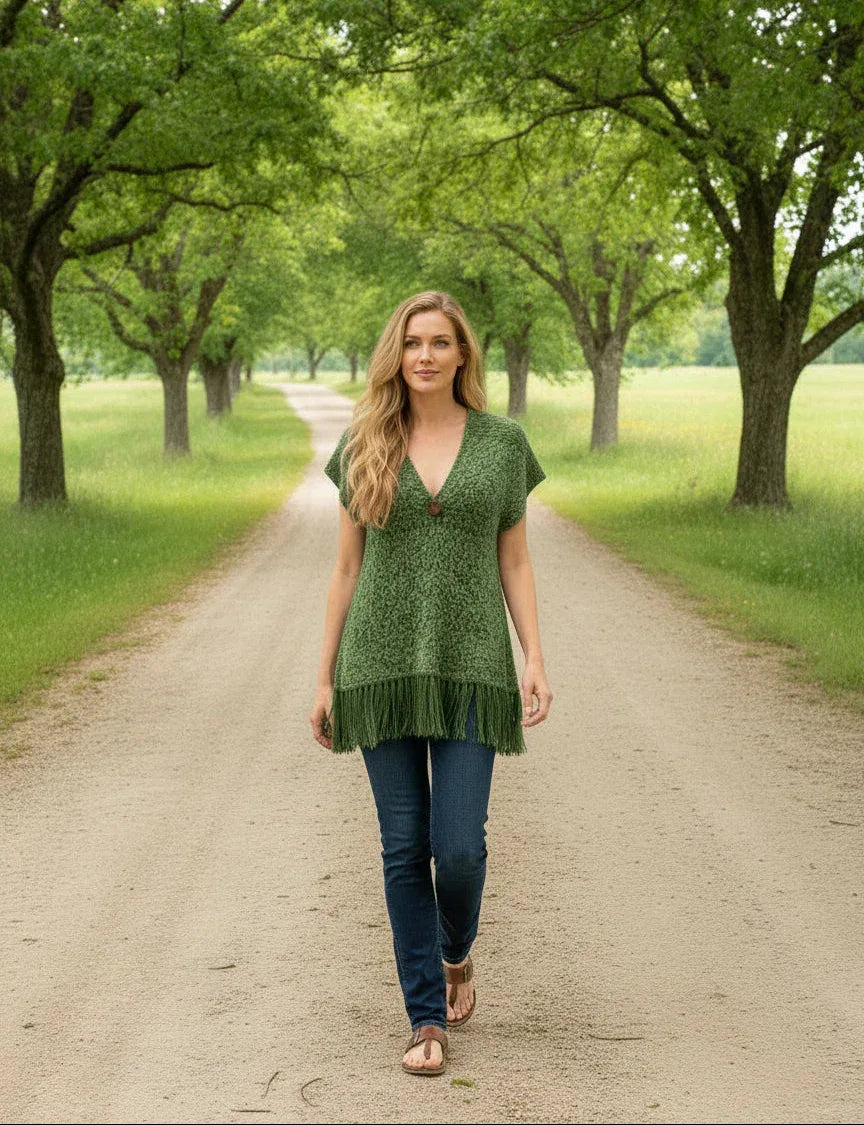 Knitting Pattern: Ladies Boho Fringe Sweater Fitted V-Neck Top Sizes S, M, L, XL - Digital Download - Twisted - Threads