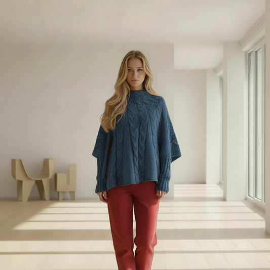 Cascading Cables Poncho with Ribbed Wrist Cuffs. Size XL - Twisted - Threads