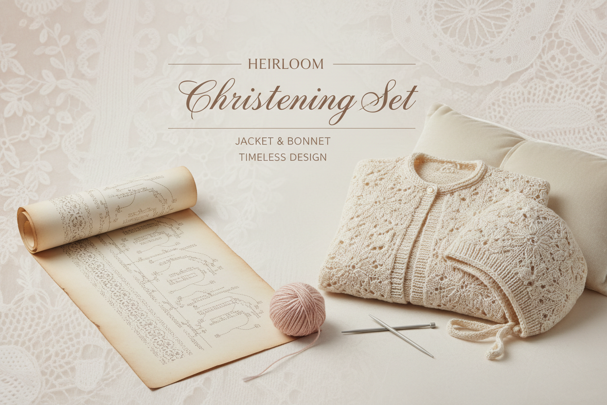 collection of knitting patterns for lace detailed baby christening outfit including gown, boys top and pants, blanket shawl, and jacket with a bonnet