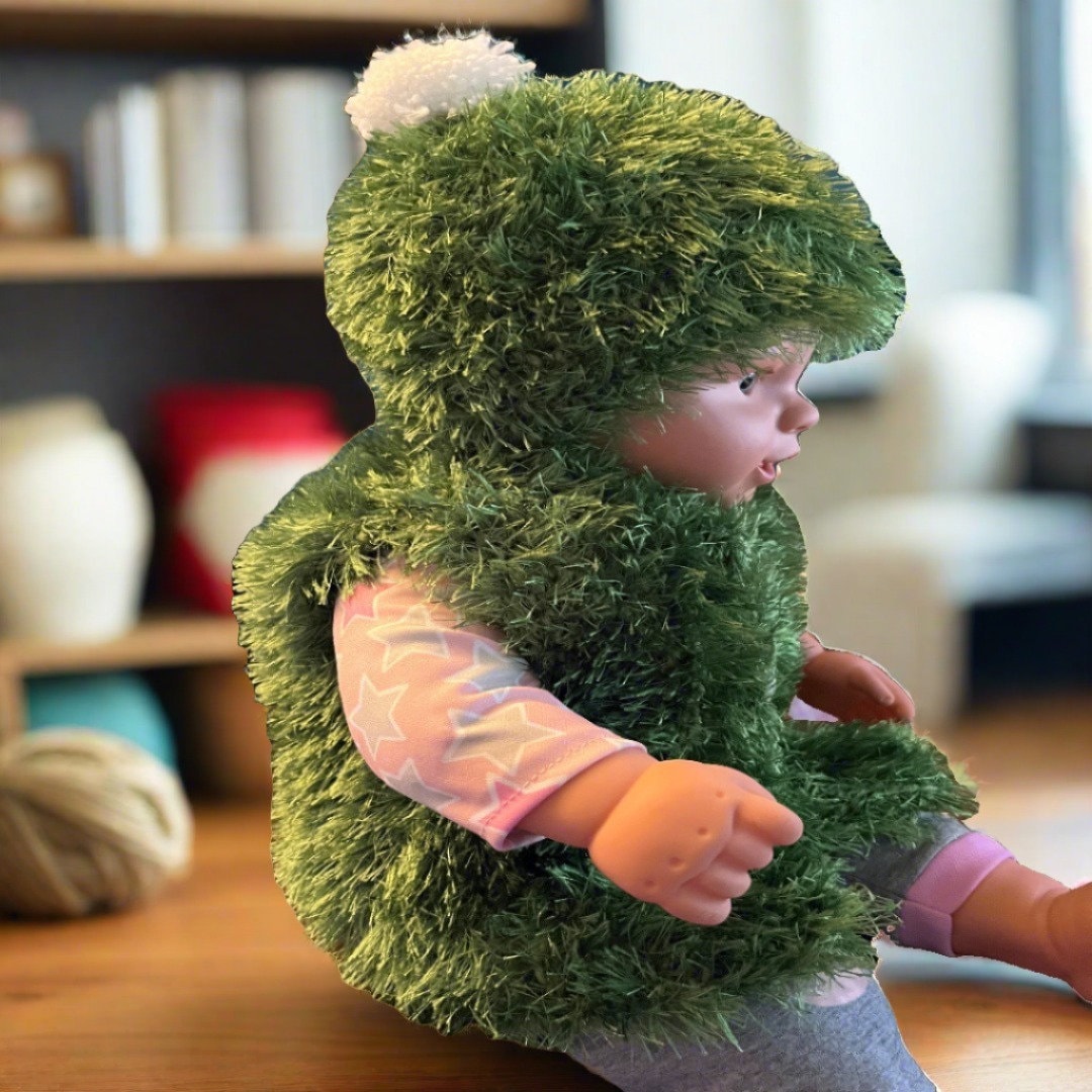 Hand Knit Faux Fur Vest & Hat Set - Baby Outerwear with Pom Pom - Size 6-9 Months