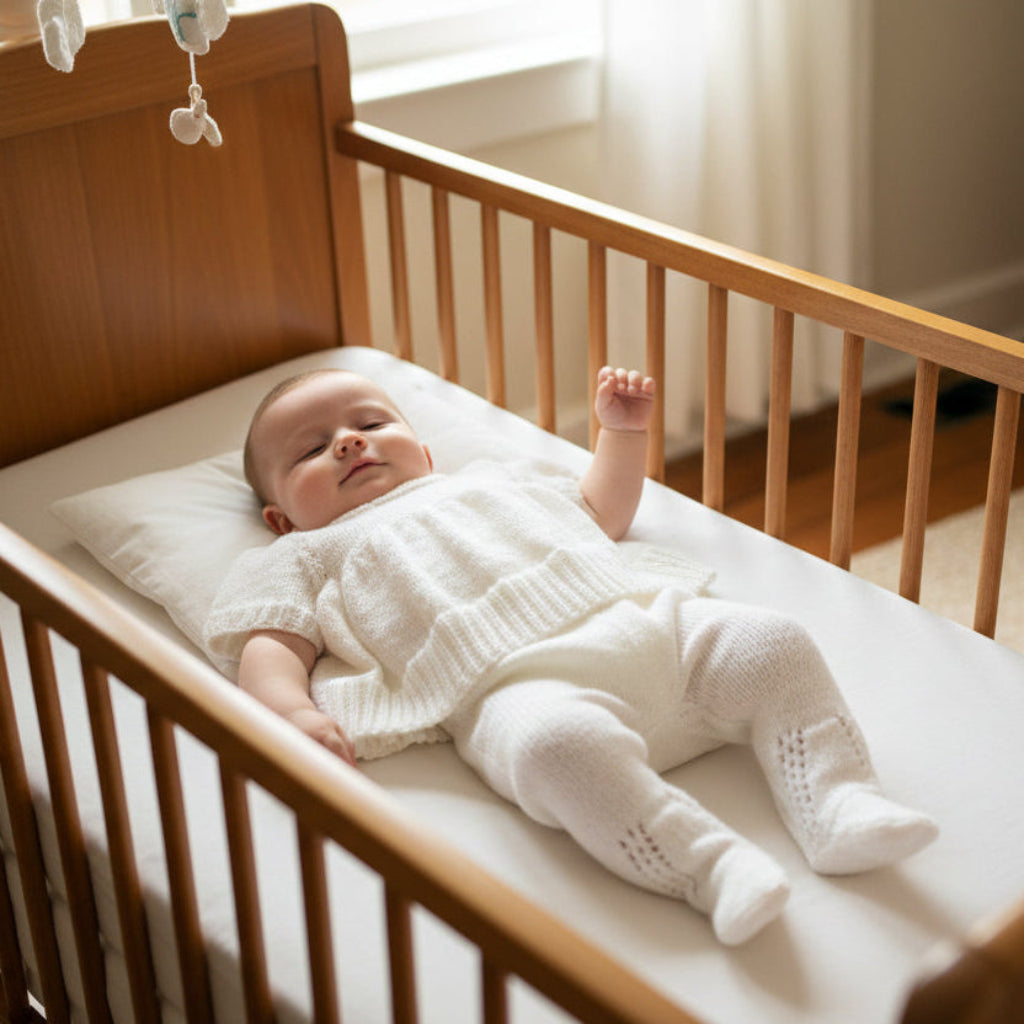 Baby in a white outfit lying in a wooden crib with a soft focus background
