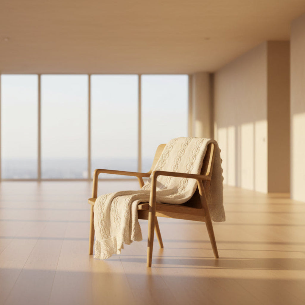 Knitted blanket with a diamond pattern draped over a chair.