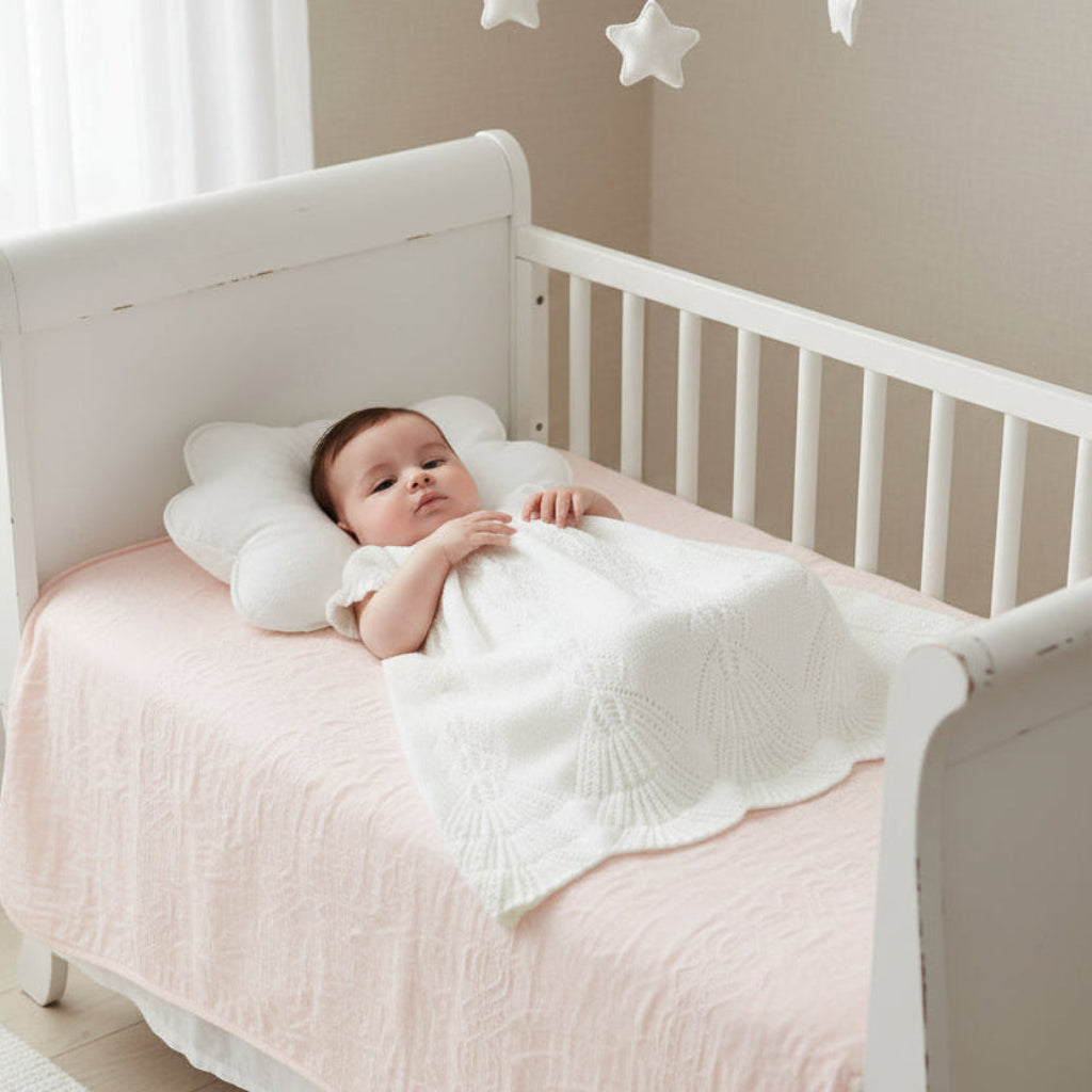 White lace dress on a baby in a crib
