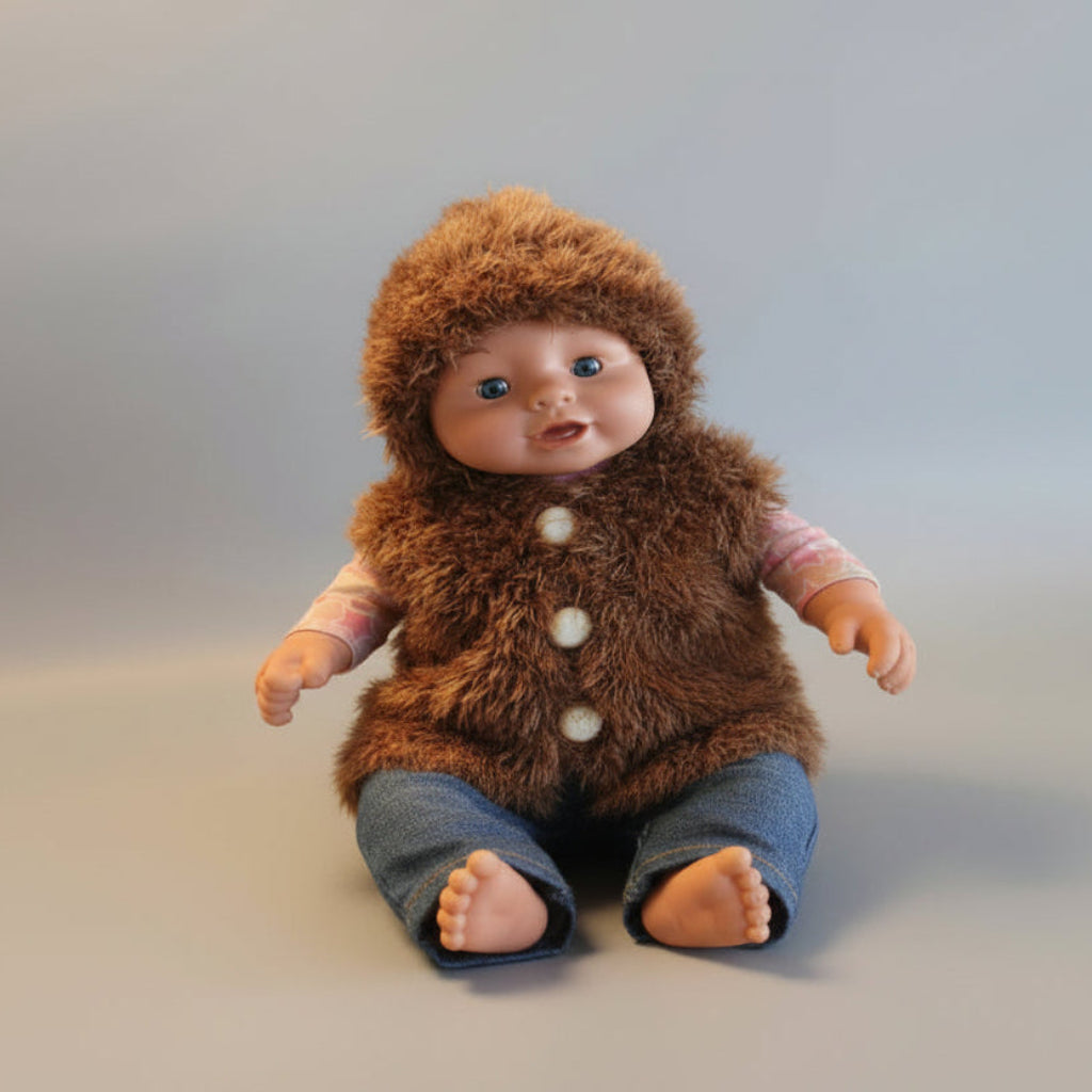 Doll wearing a brown fur outfit with buttons on a plain background
