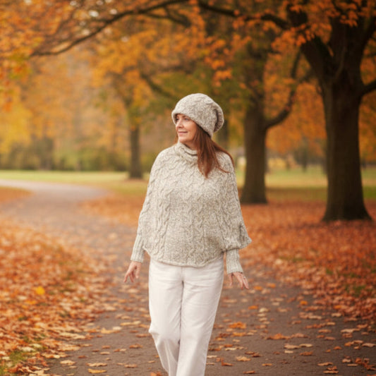 Hand Knit Cascading Cables Poncho & Hat Set - Beige Multi - Size Medium