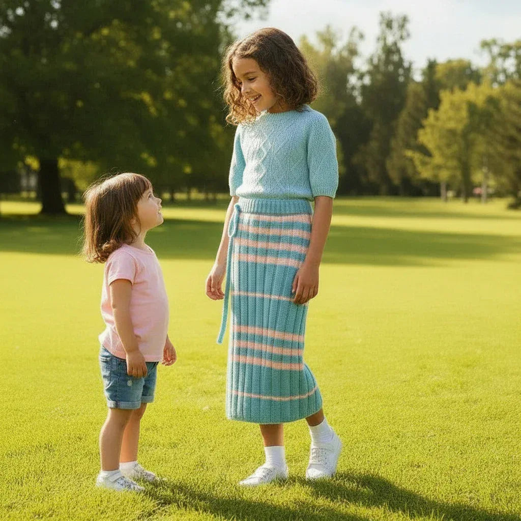 Knitting Pattern: Girl's Striped Maxi Skirt with Drawstring Waist. Sizes 2, 4, 6, & 8 - Digital Download - Twisted - Threads