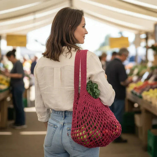 Handcrafted 100% Cotton Mesh Tote Bag. Durable, Reusable, and Machine-Washable. Available in Assorted Colors. - Twisted - Threads