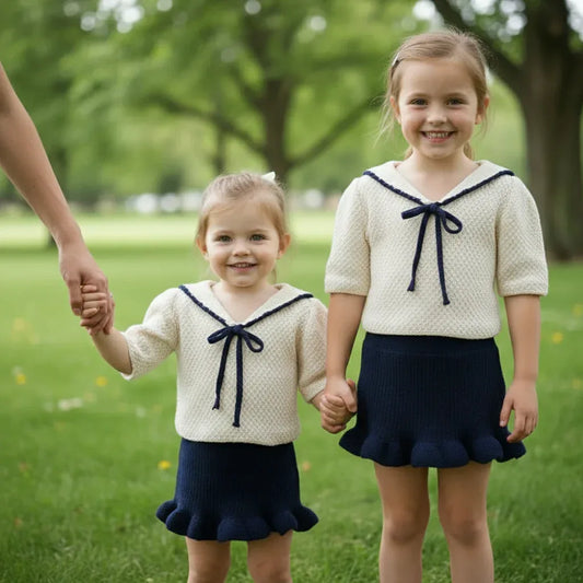 Knitting Pattern: Girls Sailor Boy 2PC Set. Square Collar Top with Tie, Ruffled Skirt. Sizes 4, 6, & 8 - Digital Download - Twisted - Threads