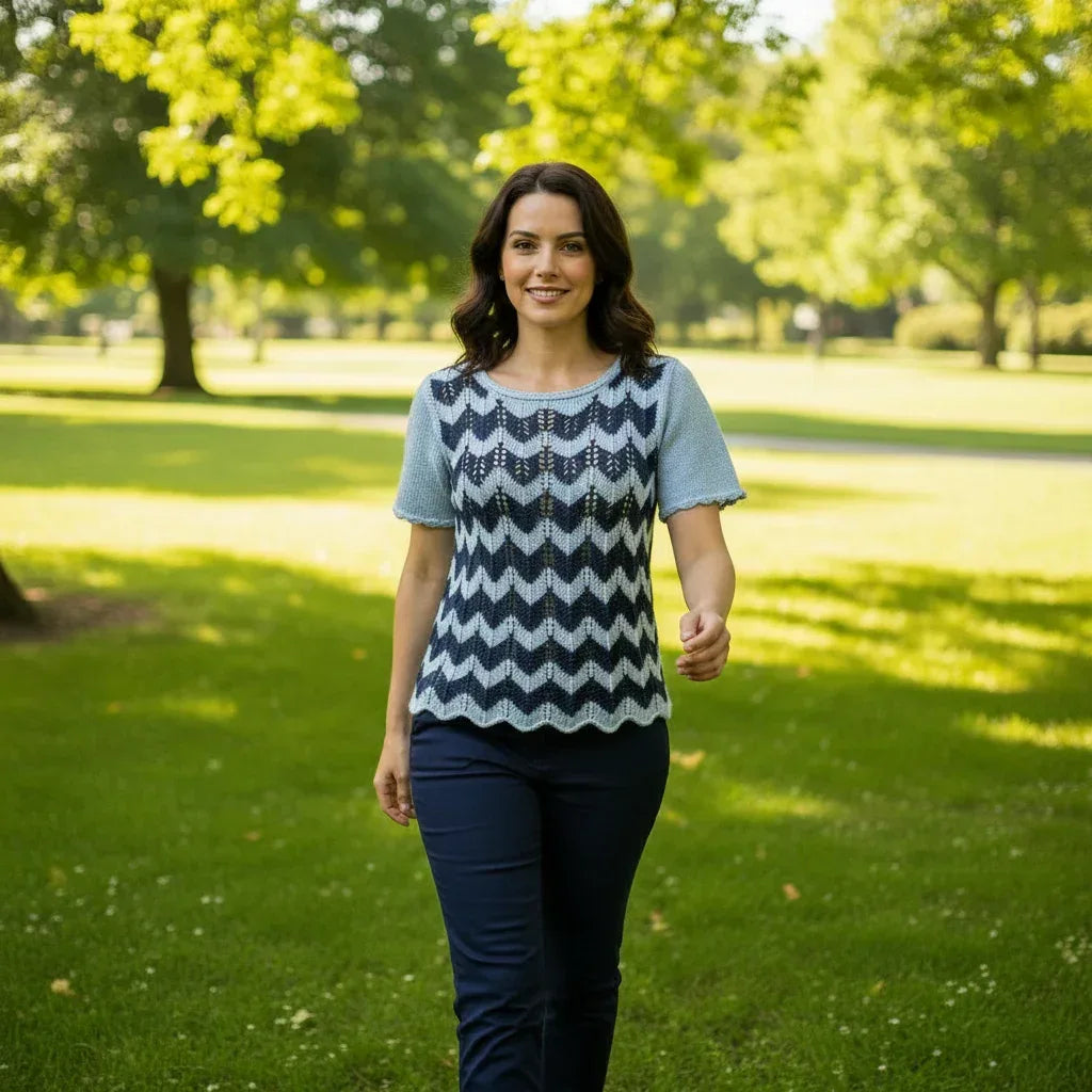 Knitting Pattern: Ladies' Chevron Striped Short Sleeved Top. Sizes S, M, L, and XL - Digital Download - Twisted - Threads